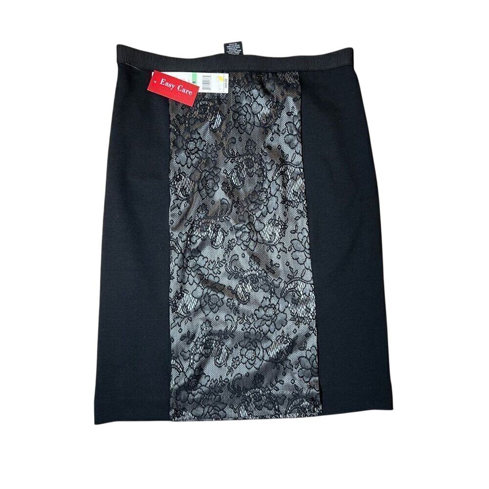 Rafaella Black Ponte Knit Lace Insert Straight Pencil‎ Skirt 8 NWT Old Money